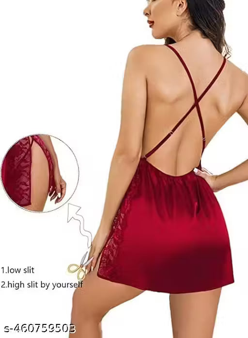 Sexy Satin Lingerie for Women – Lace Chemise Baby Doll Nightgown with Deep V Neck & Side Slit